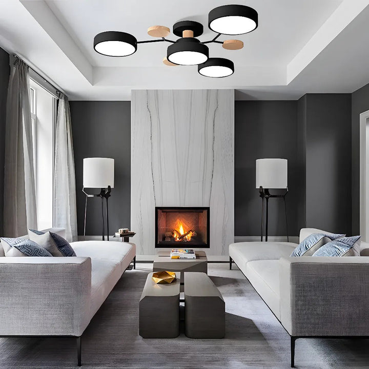 "Sleek modern halo LED semi-flush ceiling light, iron and acrylic build, perfect for contemporary living rooms or bedrooms."
