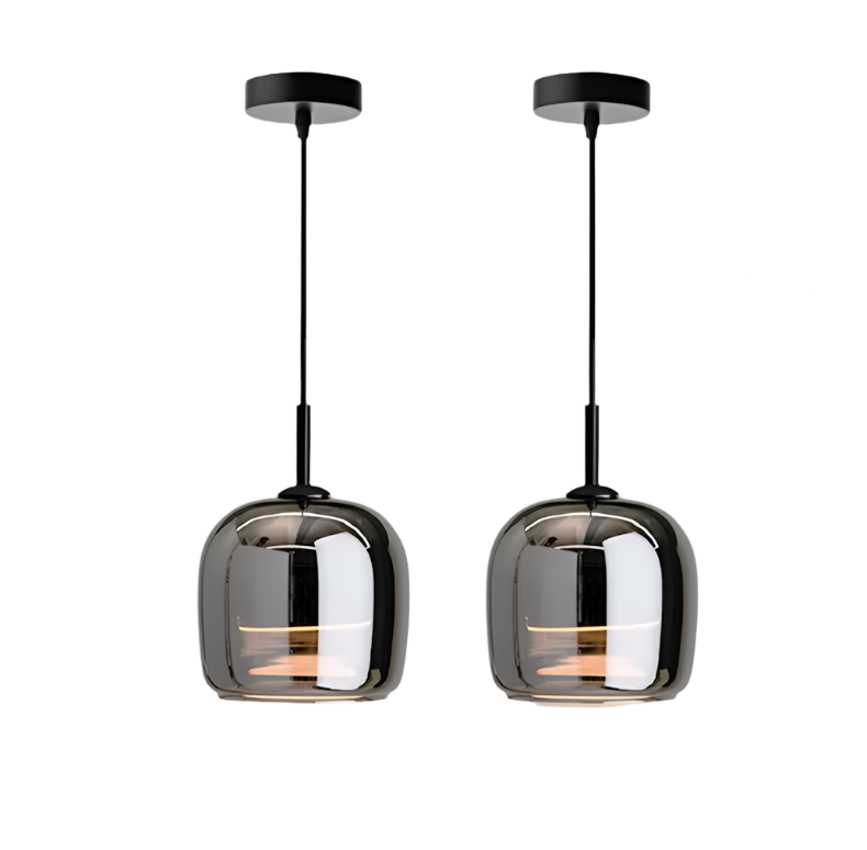 "Sleek Nordic black glass LED pendant light for modern interiors, perfect for kitchen or bedroom, adds elegance and warm glow