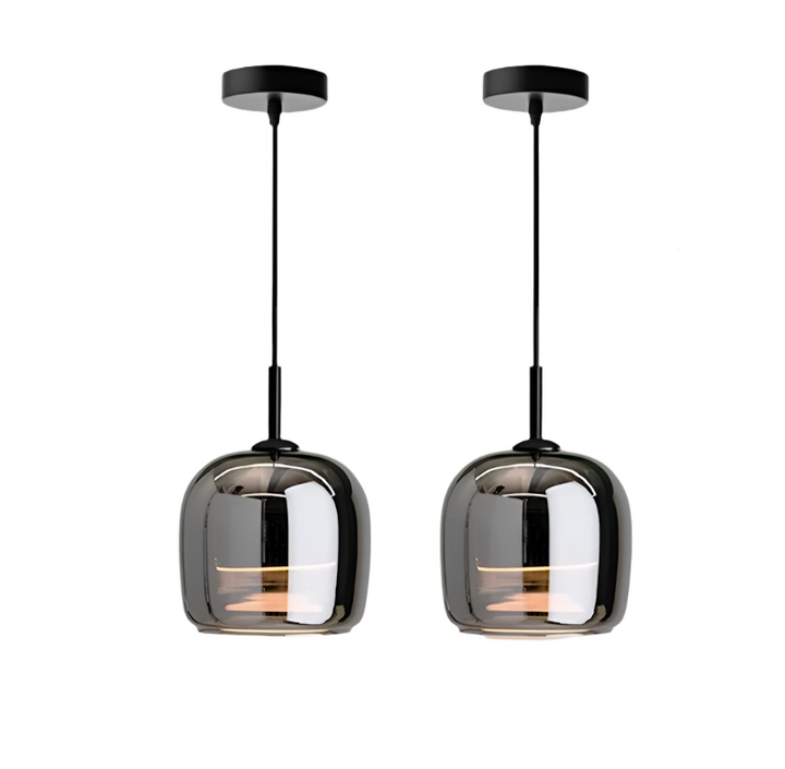 "Sleek Nordic black glass LED pendant light for modern interiors, perfect for kitchen or bedroom, adds elegance and warm glow