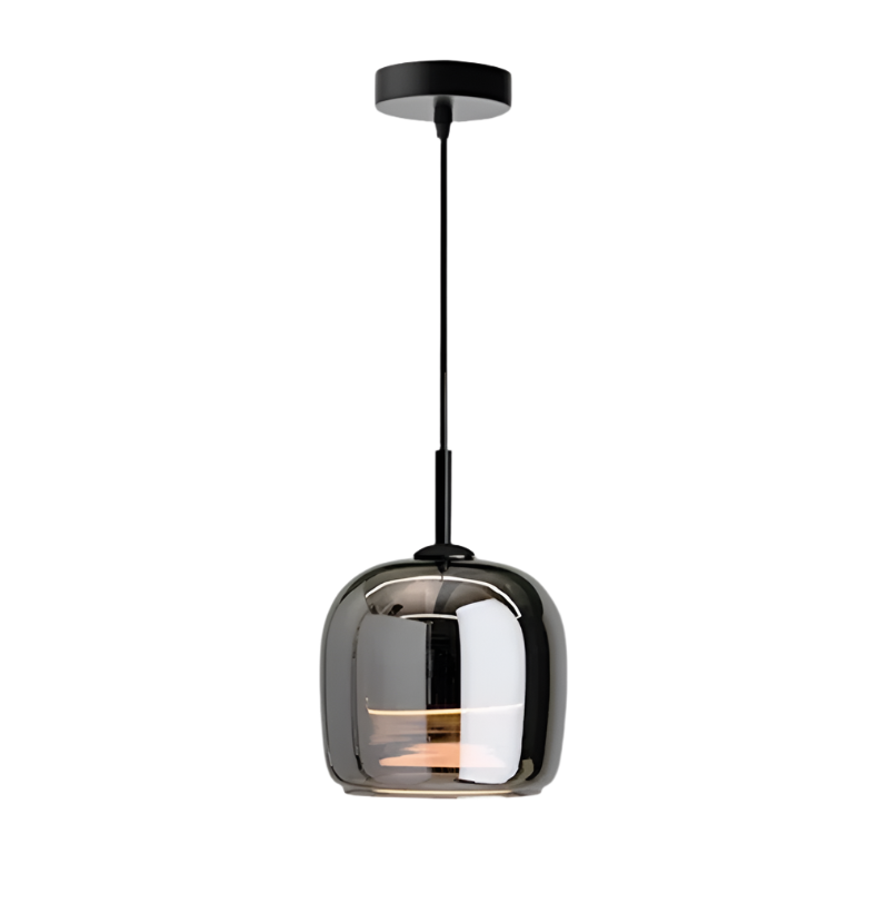 "Sleek Nordic black glass LED pendant light for modern interiors, perfect for kitchen or bedroom, adds elegance and warm glow