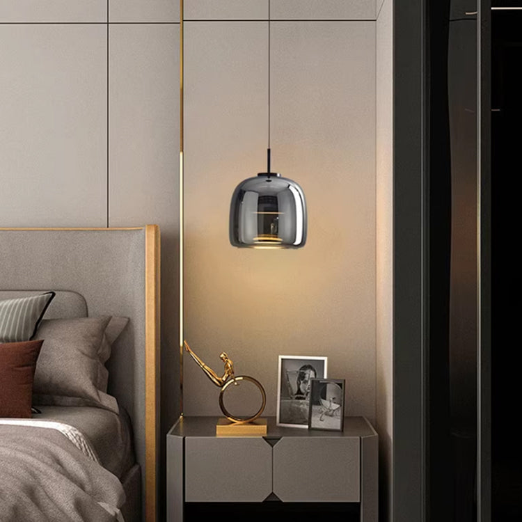 "Sleek Nordic black glass LED pendant light for modern interiors, perfect for kitchen or bedroom, adds elegance and warm glow