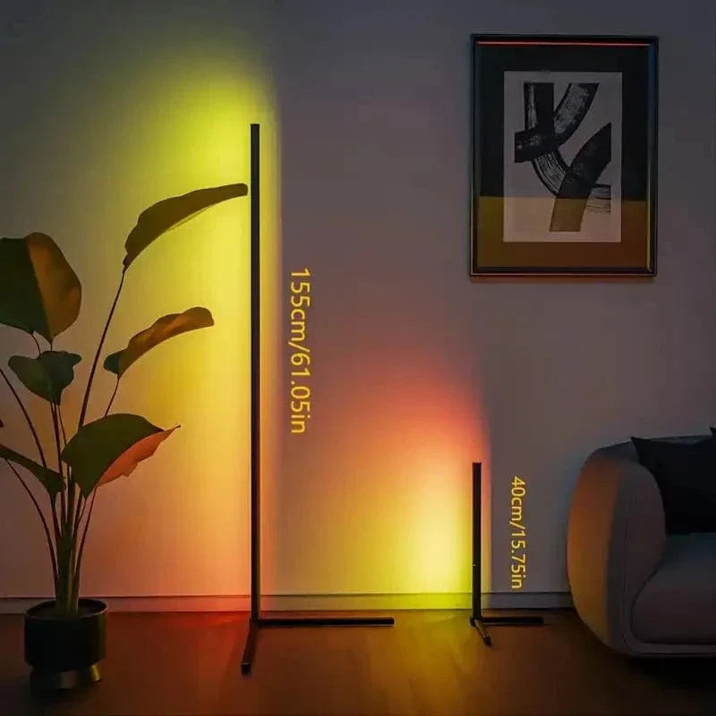 "Sleek RGB corner lamp with remote, minimalist design, vibrant colors, chrome finish, ideal for modern interiors."