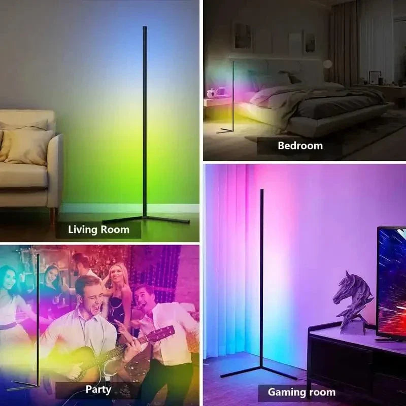 "Sleek RGB corner lamp with remote, minimalist design, vibrant colors, chrome finish, ideal for modern interiors."