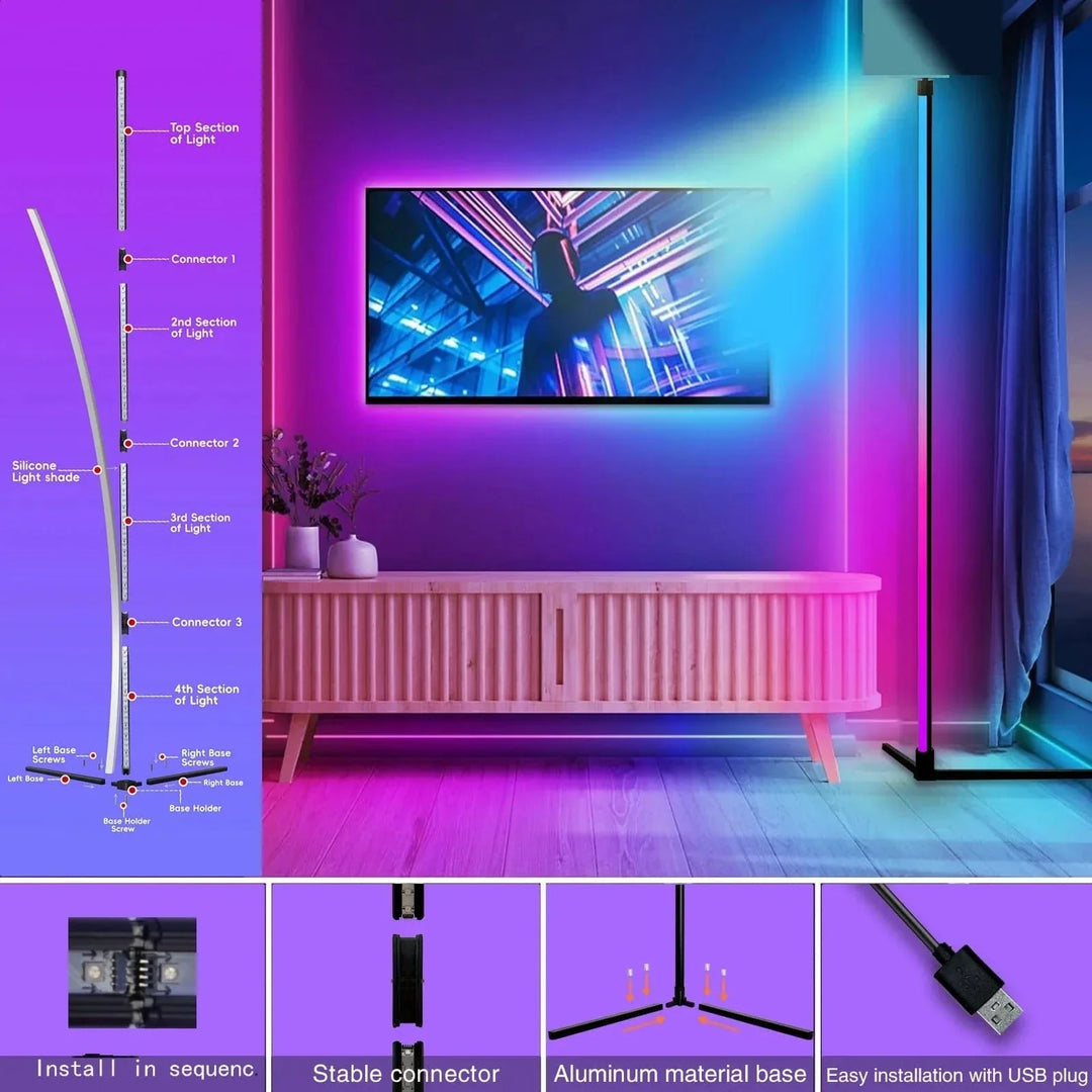 "Sleek RGB corner lamp with remote, minimalist design, vibrant colors, chrome finish, ideal for modern interiors."