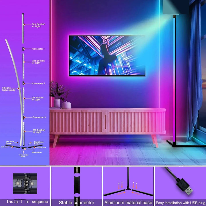 "Sleek RGB corner lamp with remote, minimalist design, vibrant colors, chrome finish, ideal for modern interiors."