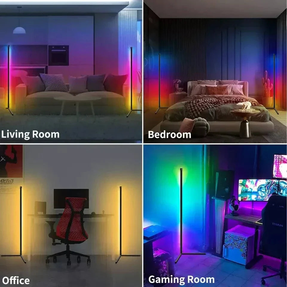 "Sleek RGB corner lamp with remote, minimalist design, vibrant colors, chrome finish, ideal for modern interiors."