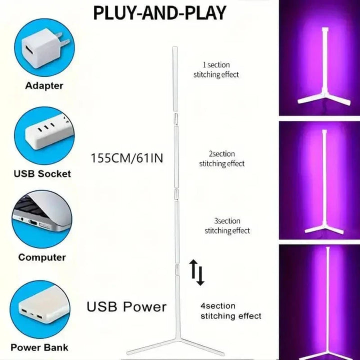 "Sleek RGB corner lamp with remote, minimalist design, vibrant colors, chrome finish, ideal for modern interiors."