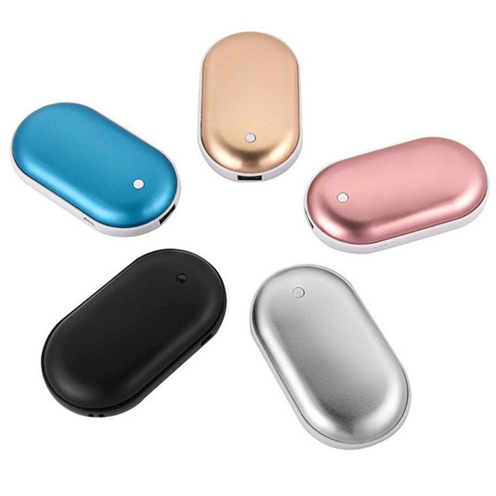 "Sleek silver portable USB hand warmer and powerbank, compact size, double-sided heating, ideal for chilly outdoor use."