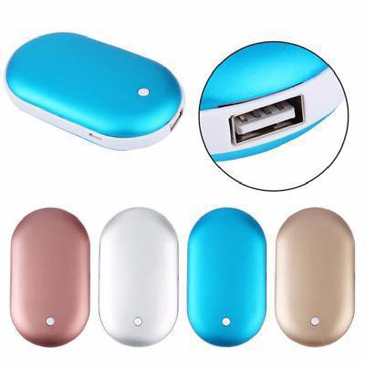 "Sleek silver portable USB hand warmer and powerbank, compact size, double-sided heating, ideal for chilly outdoor use."