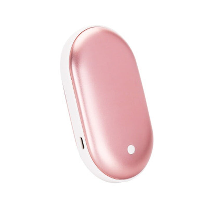 "Sleek silver portable USB hand warmer and powerbank, compact size, double-sided heating, ideal for chilly outdoor use."