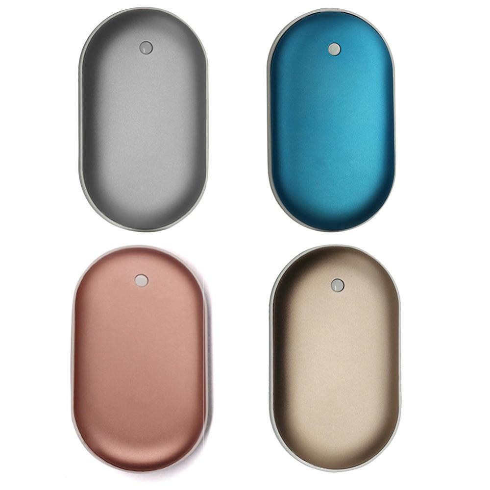 "Sleek silver portable USB hand warmer and powerbank, compact size, double-sided heating, ideal for chilly outdoor use."