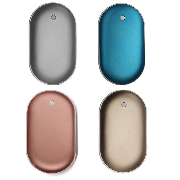 "Sleek silver portable USB hand warmer and powerbank, compact size, double-sided heating, ideal for chilly outdoor use."