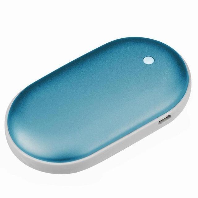 "Sleek silver portable USB hand warmer and powerbank, compact size, double-sided heating, ideal for chilly outdoor use."