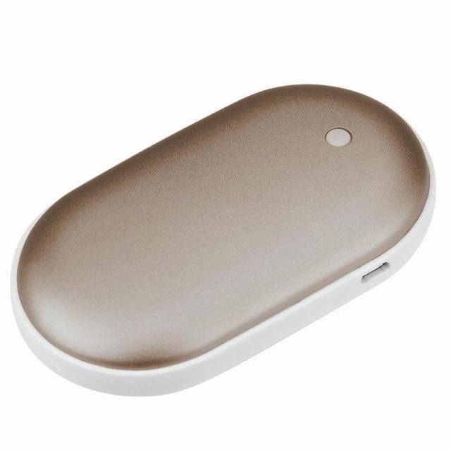 "Sleek silver portable USB hand warmer and powerbank, compact size, double-sided heating, ideal for chilly outdoor use."