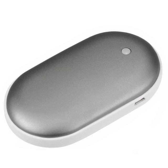 "Sleek silver portable USB hand warmer and powerbank, compact size, double-sided heating, ideal for chilly outdoor use."