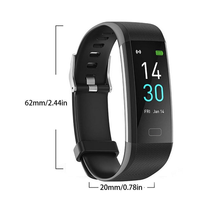 "Sleek smartwatch with optical sensors for heart rate, blood pressure tracking, black strap, rectangular touchscreen display.