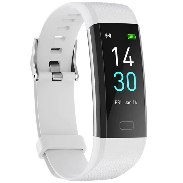 "Sleek smartwatch with optical sensors for heart rate, blood pressure tracking, black strap, rectangular touchscreen display.
