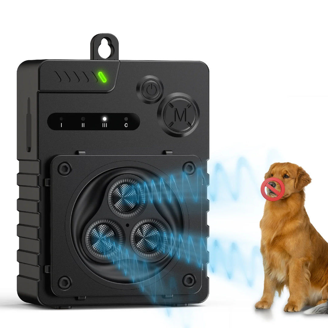 Sleek ultrasonic dog bark deterrent for indoor/outdoor use, compact design, weatherproof, ideal for pet training.