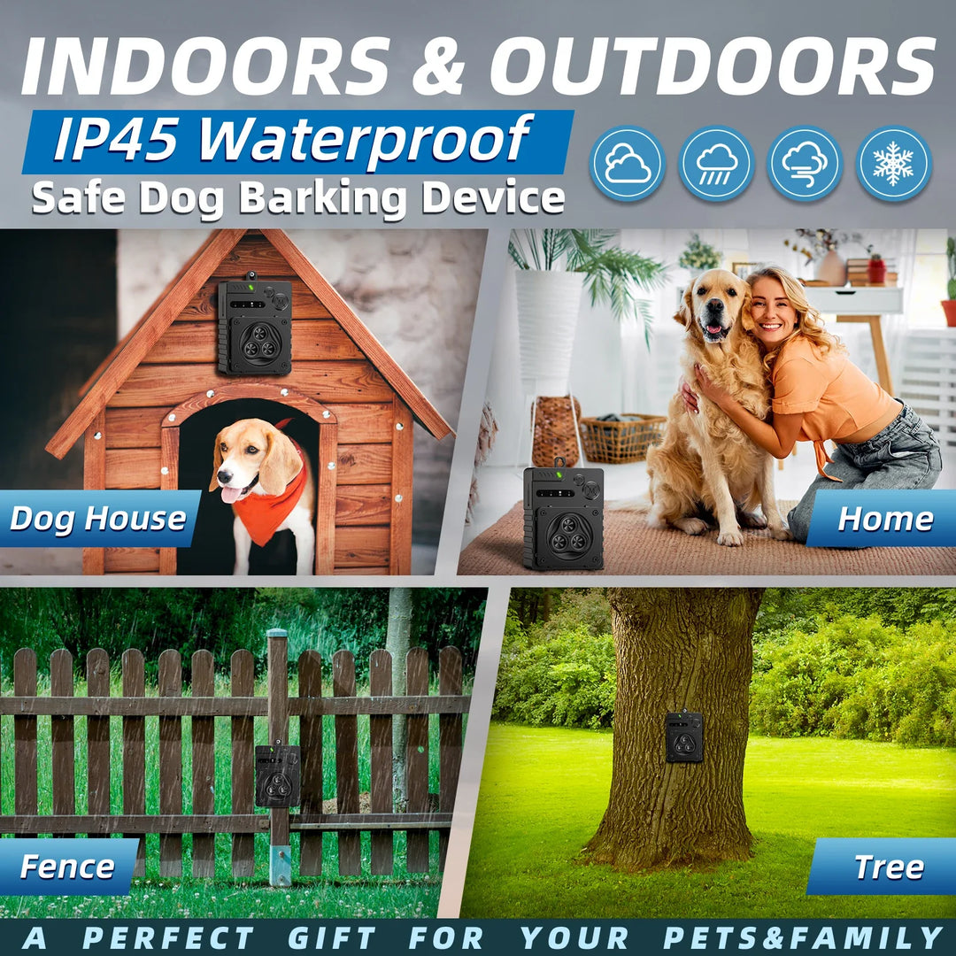 Sleek ultrasonic dog bark deterrent for indoor/outdoor use, compact design, weatherproof, ideal for pet training.