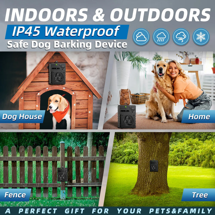 Sleek ultrasonic dog bark deterrent for indoor/outdoor use, compact design, weatherproof, ideal for pet training.