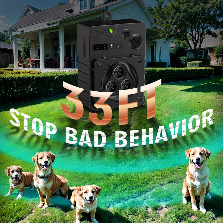 Sleek ultrasonic dog bark deterrent for indoor/outdoor use, compact design, weatherproof, ideal for pet training.