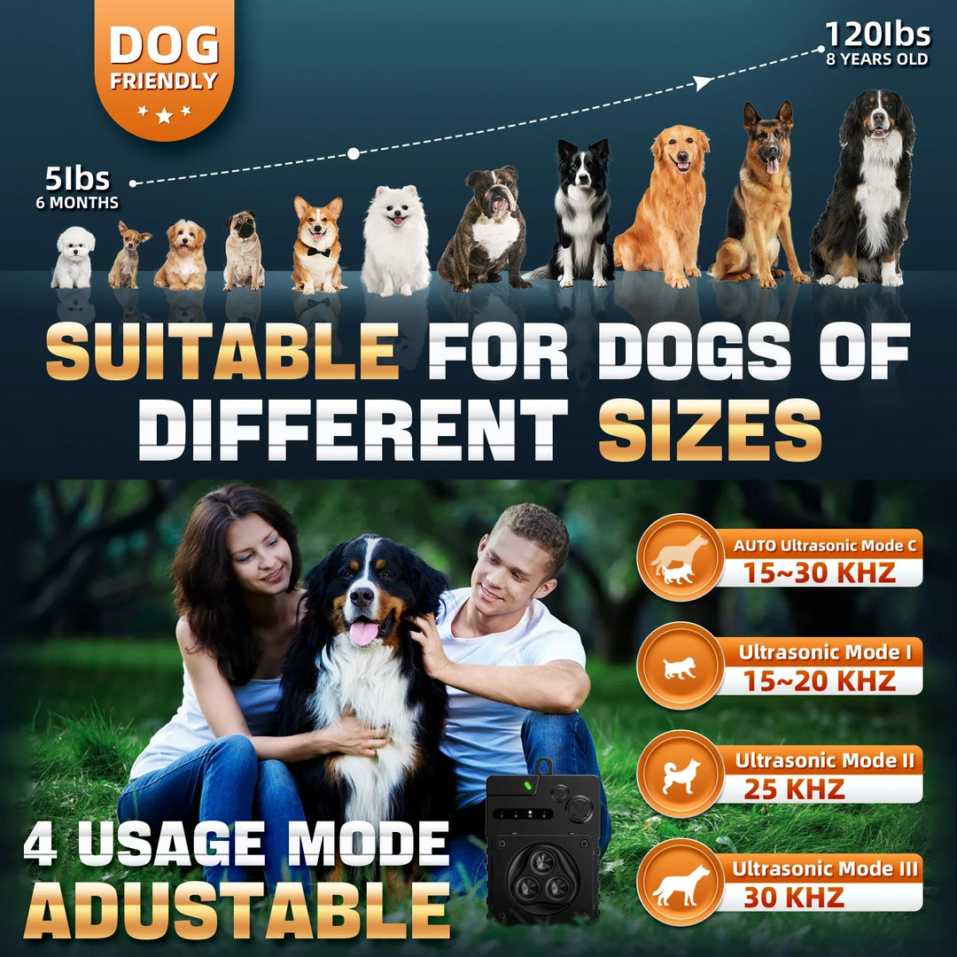 Sleek ultrasonic dog bark deterrent for indoor/outdoor use, compact design, weatherproof, ideal for pet training.