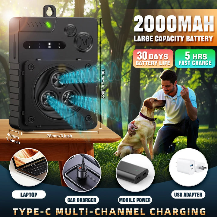 Sleek ultrasonic dog bark deterrent for indoor/outdoor use, compact design, weatherproof, ideal for pet training.