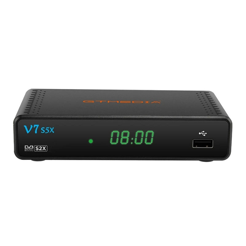 "Sleek V7 S5X HD Freeview Box Recorder, compact design, black finish, 1080p HD output, fits any living room setup."