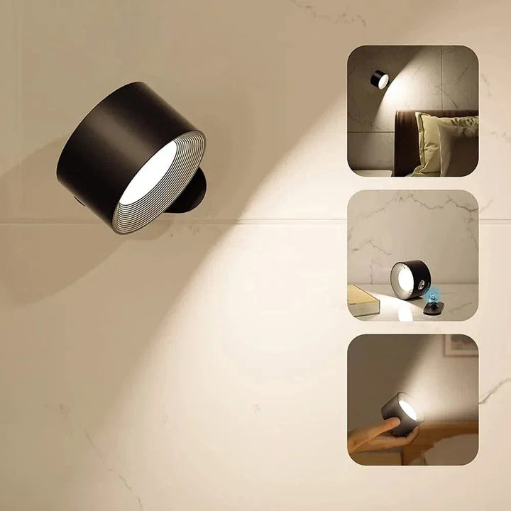 "Sleek wireless rechargeable wall light with magnetic mount and 360° rotation for modern home interiors."