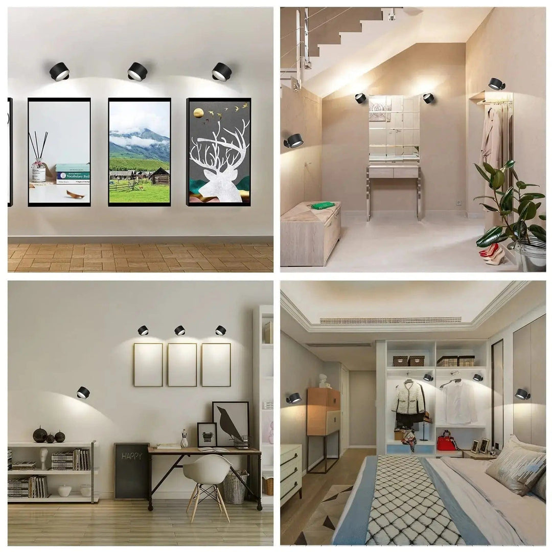 "Sleek wireless rechargeable wall light with magnetic mount and 360° rotation for modern home interiors."