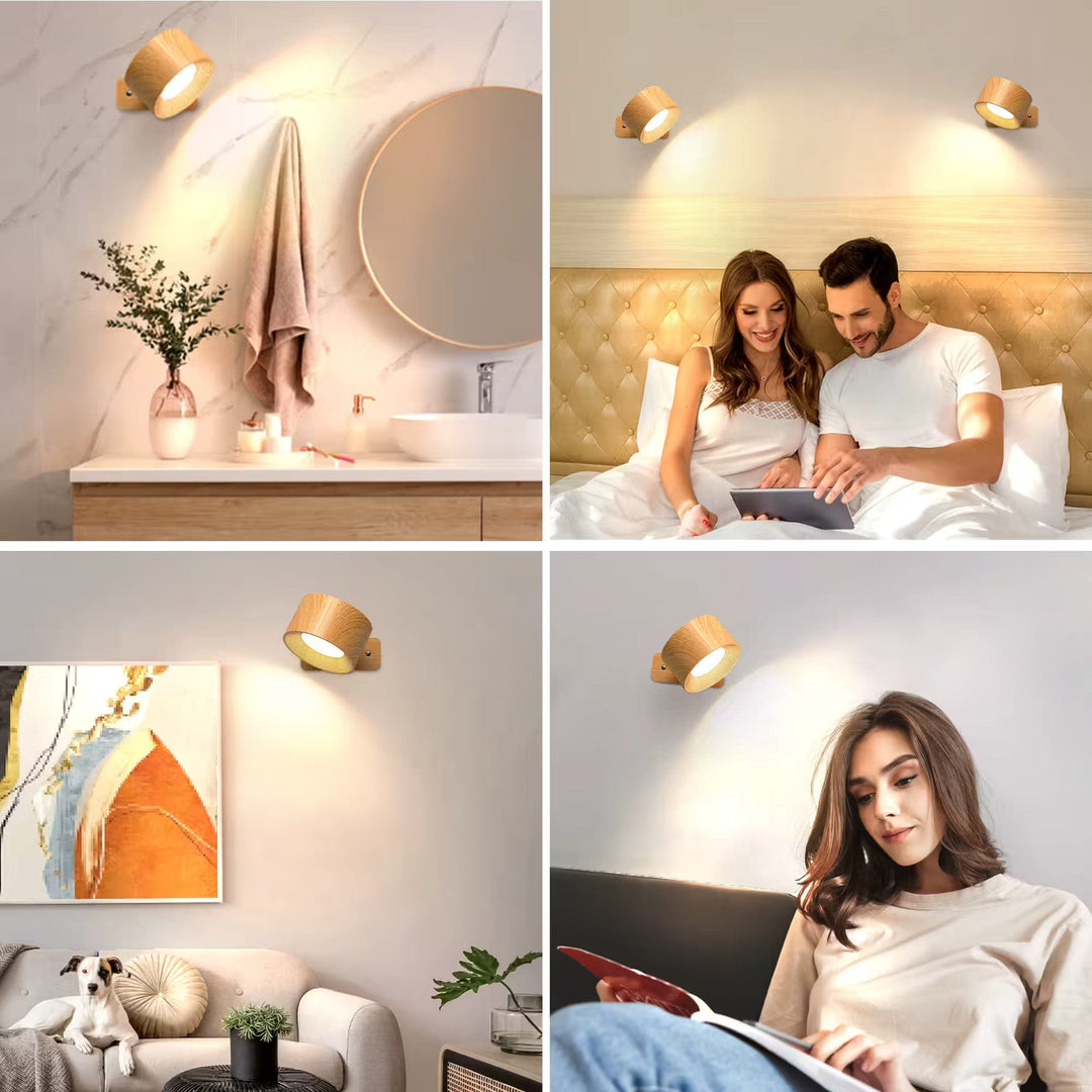 "Sleek wireless rechargeable wall light with magnetic mount and 360° rotation for modern home interiors."