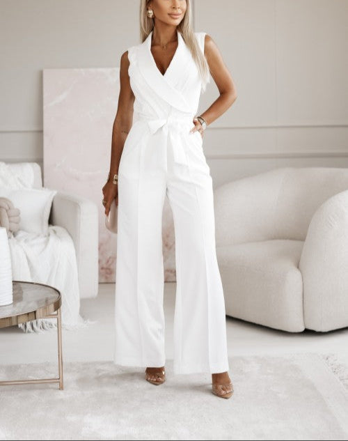 "Sleeveless wide-leg jumpsuit for women in black and pink with wrap design, perfect for versatile elegant occasions."