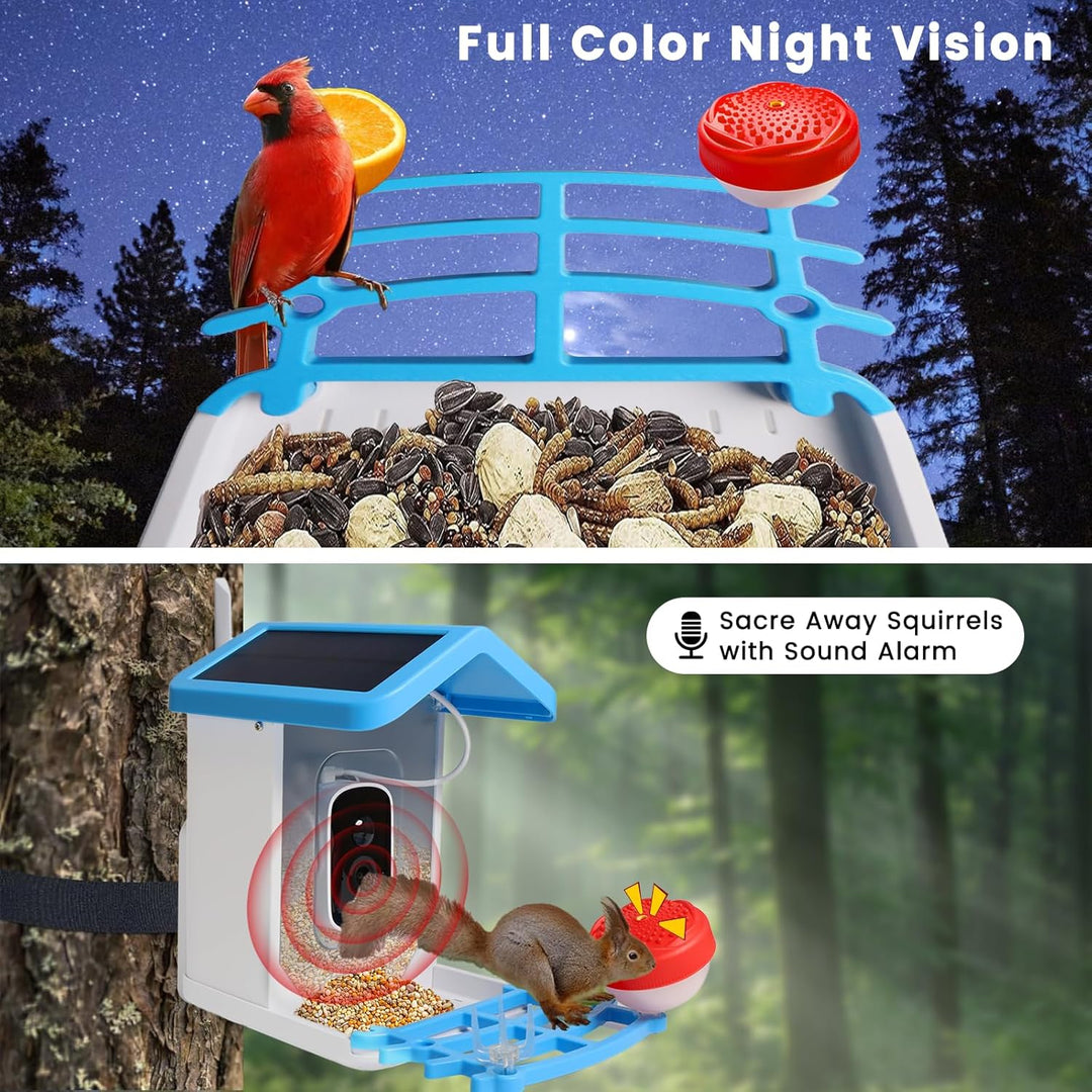 Smart bird feeder with HD camera, night vision, solar power; perfect for nature lovers, birdwatching in any weather.