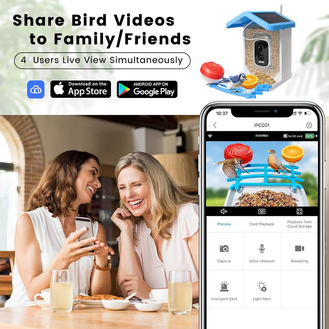 Smart bird feeder with HD camera, night vision, solar power; perfect for nature lovers, birdwatching in any weather.