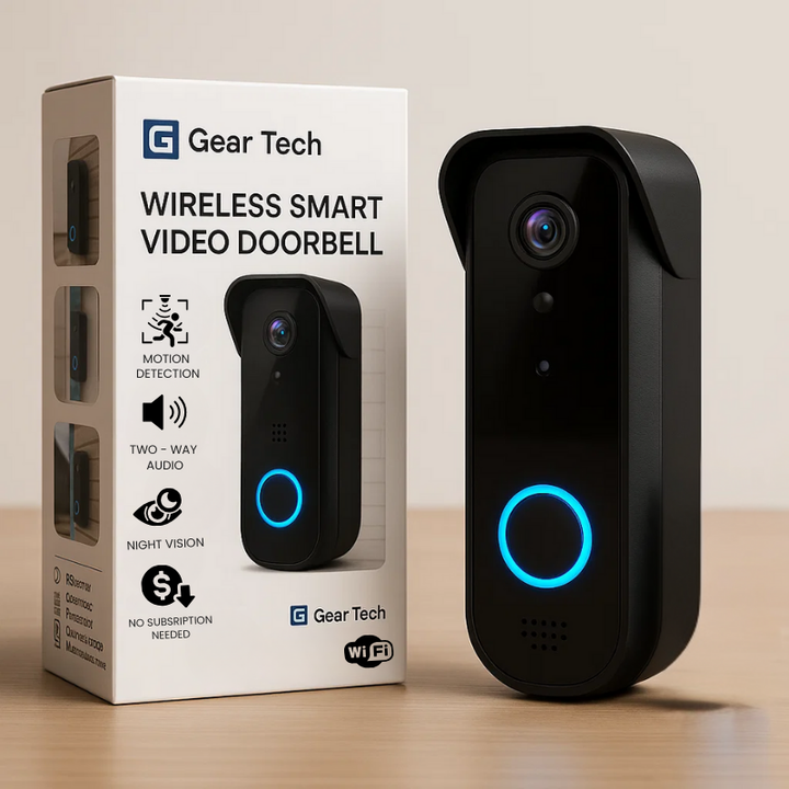 "Smart video doorbell with HD camera, sleek design, weather-resistant, long battery life, ensuring home security."