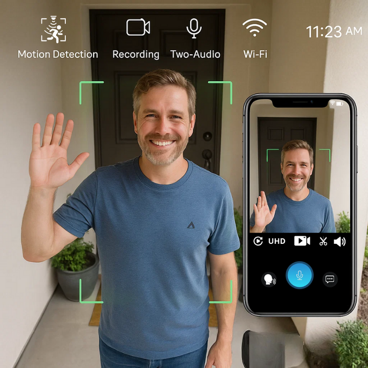 "Smart video doorbell with HD camera, sleek design, weather-resistant, long battery life, ensuring home security."