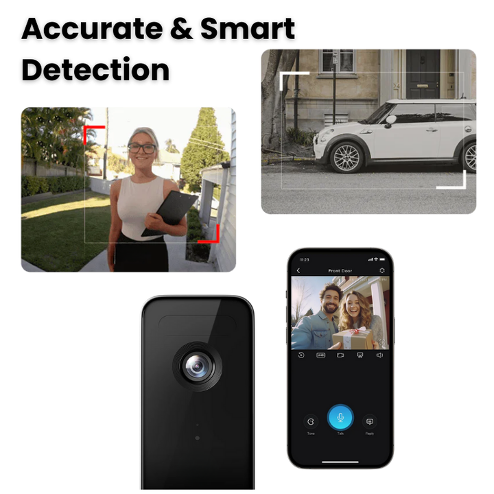 "Smart video doorbell with HD camera, sleek design, weather-resistant, long battery life, ensuring home security."