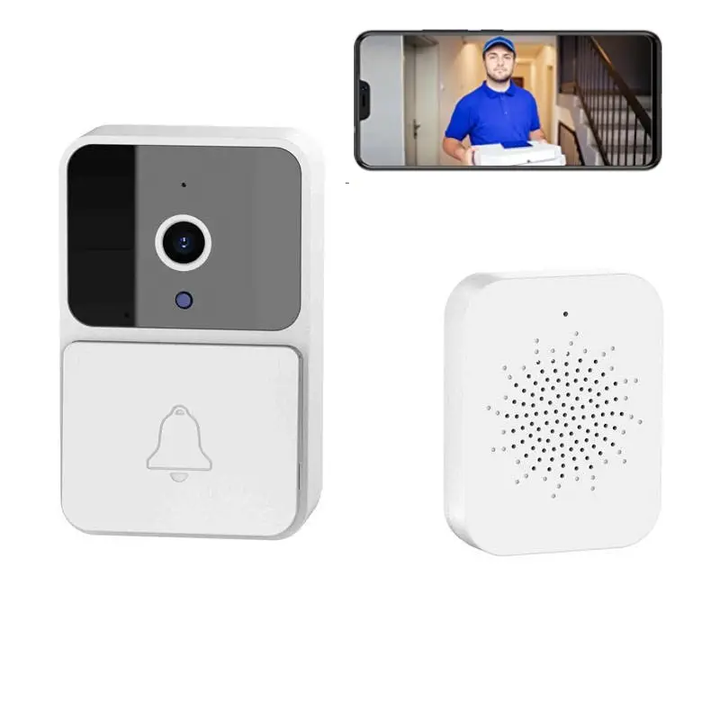 Smart wireless video doorbell camera with night vision, featuring sleek design and HD lens for enhanced home security.