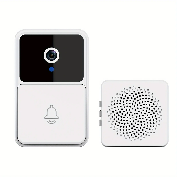 Smart wireless video doorbell camera with night vision, featuring sleek design and HD lens for enhanced home security.