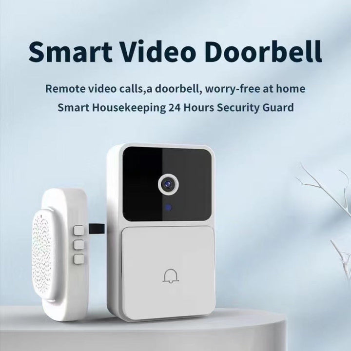Smart wireless video doorbell camera with night vision, featuring sleek design and HD lens for enhanced home security.