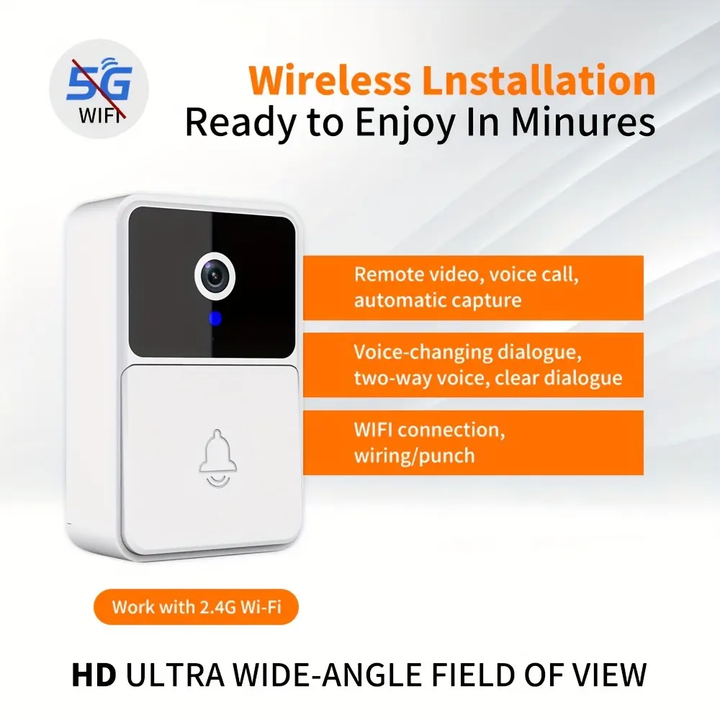 Smart wireless video doorbell camera with night vision, featuring sleek design and HD lens for enhanced home security.