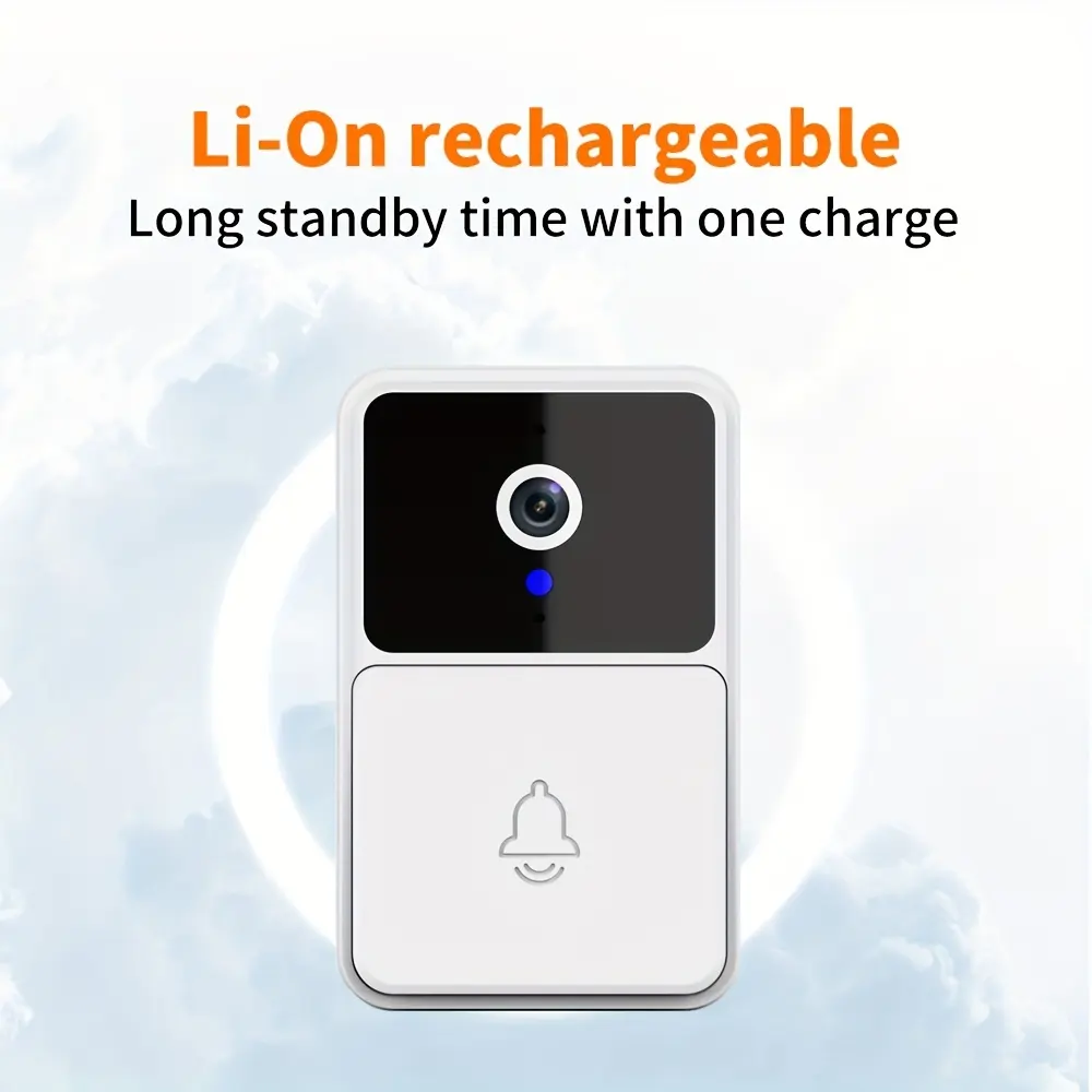 Smart wireless video doorbell camera with night vision, featuring sleek design and HD lens for enhanced home security.