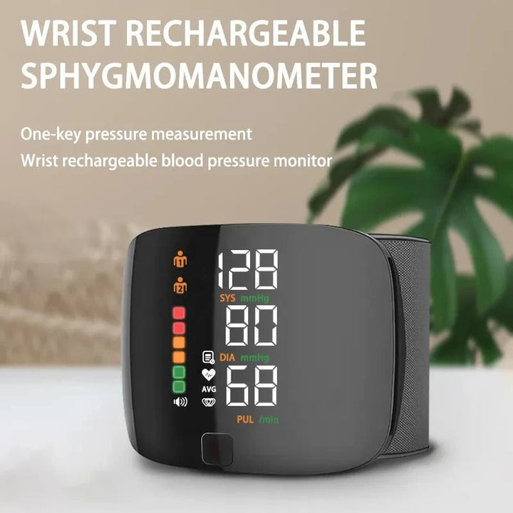 "Smart wrist blood pressure monitor with LCD, voice alerts, compact design, ideal for health & wellness monitoring."