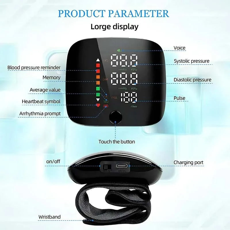 "Smart wrist blood pressure monitor with LCD, voice alerts, compact design, ideal for health & wellness monitoring."