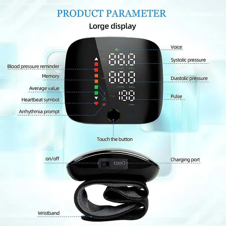 "Smart wrist blood pressure monitor with LCD, voice alerts, compact design, ideal for health & wellness monitoring."