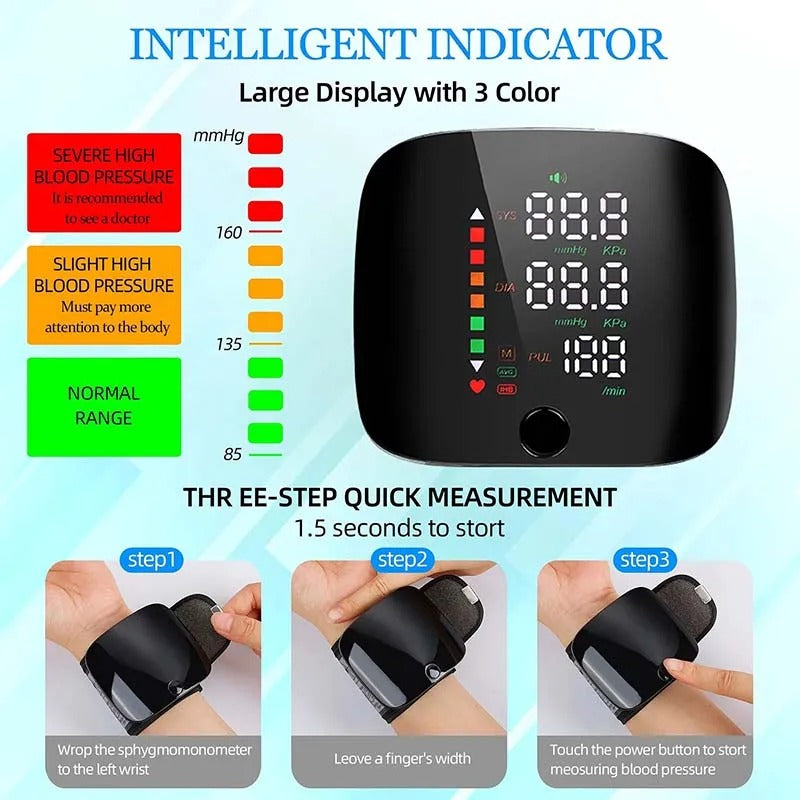 "Smart wrist blood pressure monitor with LCD, voice alerts, compact design, ideal for health & wellness monitoring."