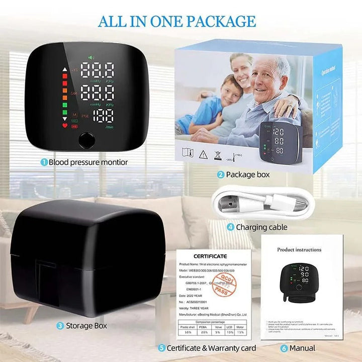 "Smart wrist blood pressure monitor with LCD, voice alerts, compact design, ideal for health & wellness monitoring."