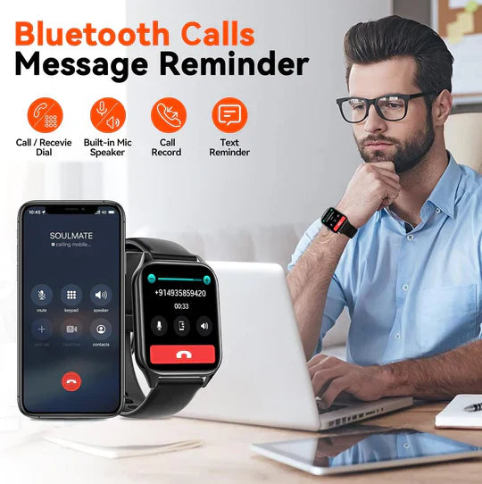 Smartwatch with sleek design for non-invasive glucose monitoring, fitness, heart, and sleep tracking, black and gold options.