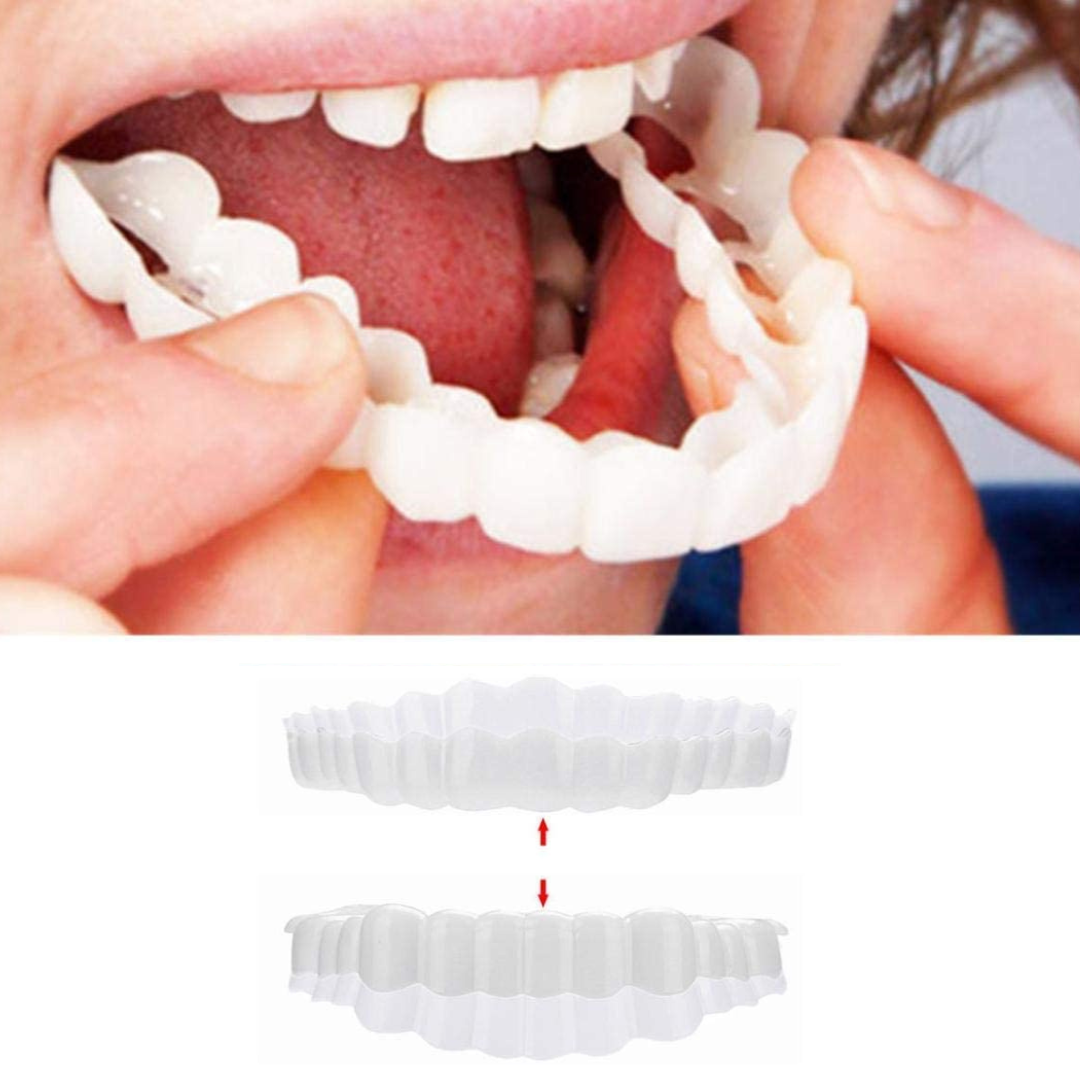"Smile veneer set with upper and lower pieces, natural white finish, for beauty and wellbeing, transforms imperfect teeth."