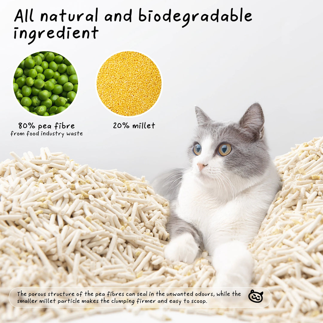 "Soft beige tofu cat litter, eco-friendly, plant-based, flushable, ideal for sensitive paws; enhances home decor."